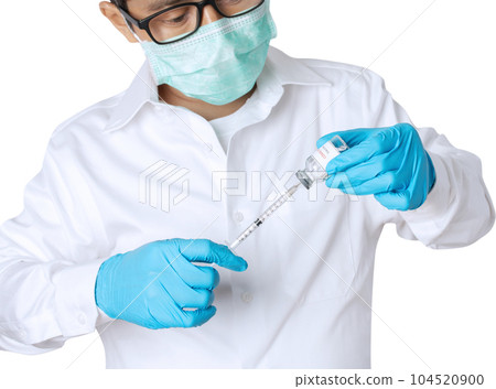 Medical doctor holding tube and syringe. 104520900