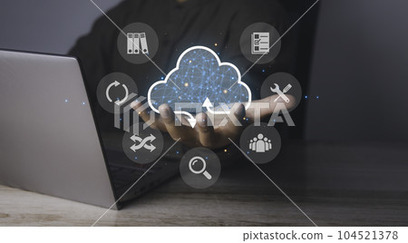 man holding cloud computing diagram, Data storage network connection business. man holding cloud computing diagram, Data storage network connection business. 104521378