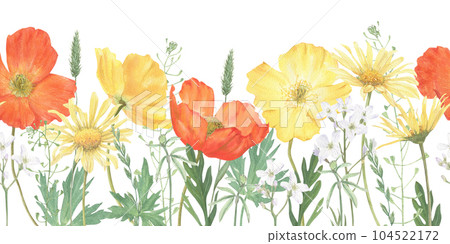 Seamless border of summer flowers hand drawn in watercolor. Seamless border of summer flowers hand drawn in watercolor. 104522172