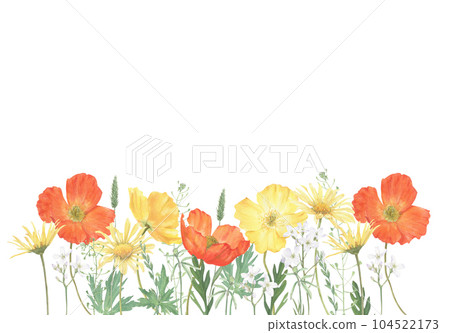 Seamless border of summer flowers hand drawn in watercolor. 104522173