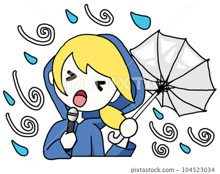 Illustration of a reporter who continues reporting in a storm (white woman) 104523034