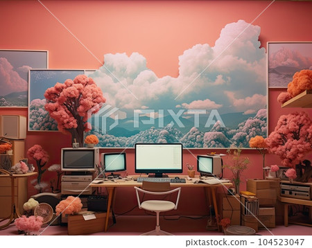 An illustration of cinematic vintage retro like home office workplace in pastel palette. Generative AI 104523047