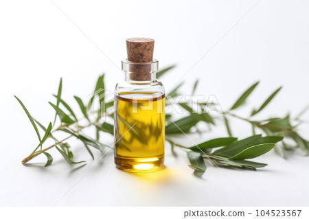 Fragrant Tea Tree Essential Oil in a small glass bottle next to a fresh Melaleuca leaves on white background. 104523567
