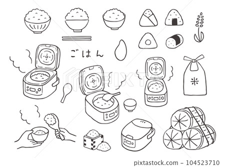 Rice, rice cooker, rice hand-drawn illustration set (monochrome) 104523710