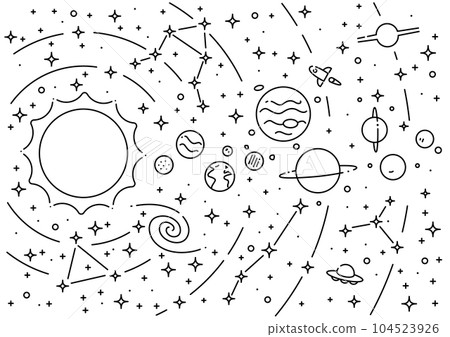 宇宙。太陽系的線條藝術插圖。 宇宙。太陽系的線條藝術插圖。 104523926