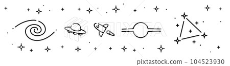 空間線描插圖圖標。星系、不明飛行物、火箭、黑洞、星座。 空間線描插圖圖標。星系、不明飛行物、火箭、黑洞、星座。 104523930