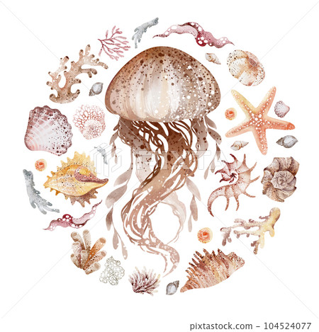 Watercolor illustration of a cartoon fish. Marine inhabitants of the underwater world. illustration isolated on white background. education, postcard, sticker, sublimation. 104524077