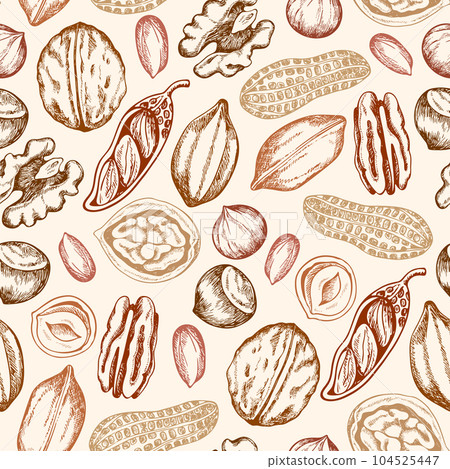 Pattern with hazelnut, walnut and peanut. Pattern with hazelnut, walnut and peanut. 104525447