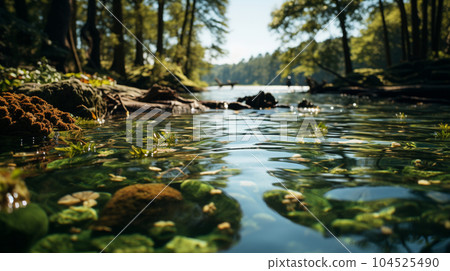 從夏季森林湖面看到的景觀。樹木和天空倒映在水中。水面下可以看到水草和岩石上的青苔。 104525490