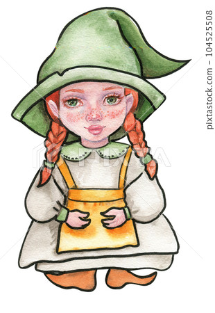 Little witch in hat. Watercolor hand drawn illustration. Can be used for halloween party or posters. 104525508