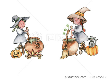 Little witch in hat. Watercolor hand drawn illustration. Can be used for halloween party or posters. 104525512