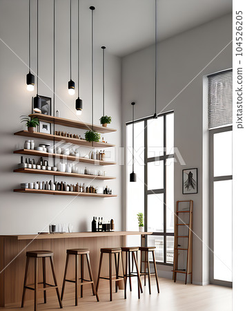 Realistic cafe interior minimal beige wood. 104526205