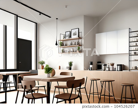 Realistic cafe interior minimal beige wood. 104526207