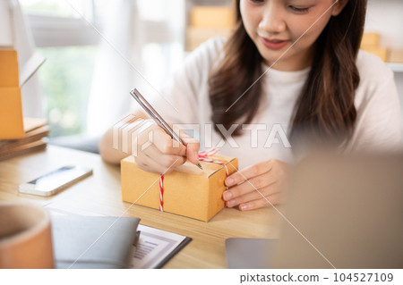 Woman Writing Customer Details for Shipping in Home Office, Packing Box and Writing Customer Information for Efficient Shipping, E-Commerce and Online Selling Concept. 104527109