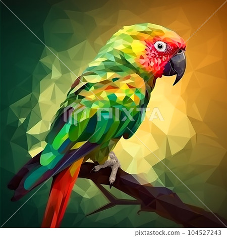Beautiful bright multi-colored parrot on a branch, close-up, polygonal illustration 104527243