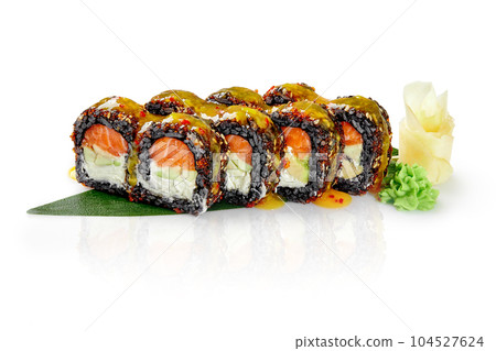 Black rice rolls with cream cheese, salmon, avocado, tobiko roe and mango chili sauce Black rice rolls with cream cheese, salmon, avocado, tobiko roe and mango chili sauce 104527624