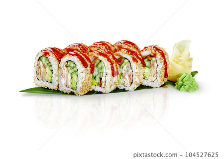 California rolls with eel, cucumbers and avocado wrapped in sesame California rolls with eel, cucumbers and avocado wrapped in sesame 104527625