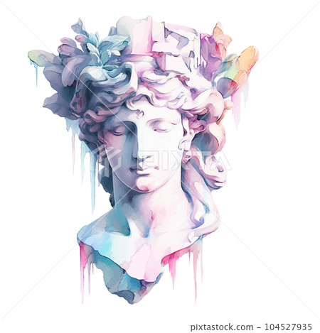 Contemporary art with antique statue head watercolor illustration. Work of art of the era of excitement. Hand drawing illustration Period of Renaissance. Sculpture of Michelangelo. 104527935