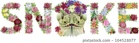 Word SNAKE of watercolor peony flowers and butterflies 104528077