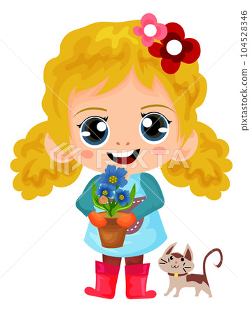 curly gardener girl holding a pot of flower character illustration 104528346