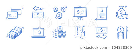 Money cash, coin business doodle icon set. Dollar coin, money profit doodle line sketch business inflation, cash payment. Financial profit, growth icon. Outline editable stroke. Vector 104528369