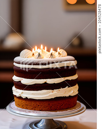 Realistic cake cozy restaurant warm lighting. 104528478