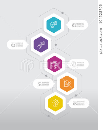 vertical round hexagon steps timeline infographic element report background with business line icon 5 steps 104528706