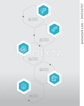 vertical round hexagon steps timeline infographic element report background with business line icon 5 steps 104528707