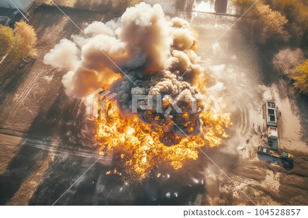 Aerial view of Freight fuel truck explosion with fire and smoke. Generative AI illustration Aerial view of Freight fuel truck explosion with fire and smoke. Generative AI illustration 104528857