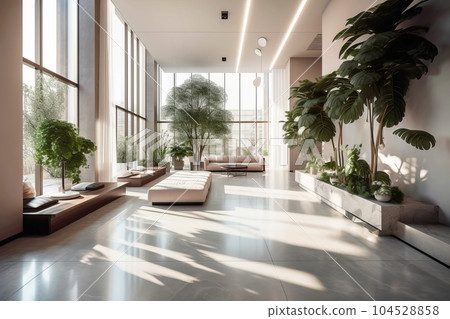 Empty hall in modern building with indoor plants and tall windows. Generative AI illustration 104528858