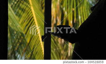Silhouette of woman drinking coffee over the window. Palm leaves swaying outside, soft focus 104528859