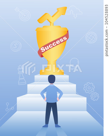Business ideas concept. Businessman standing confidently and looking towards a trophy symbolizes success. Elements of business growth, brainstorming, goals, thinking, planning. Vector illustration. 104528893