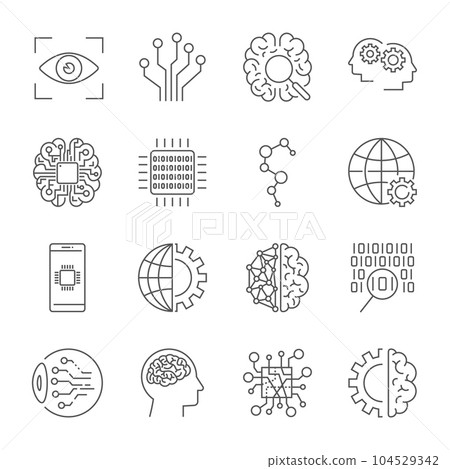 Artificial Intelligence. Vector icon set for artificial intelligence AI concept. Various symbols for the topic using flat design. Editable stroke. 104529342