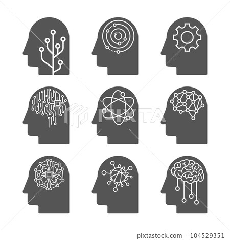 Artificial Intelligence icon set. AI heads. Deep machine learning concept 104529351