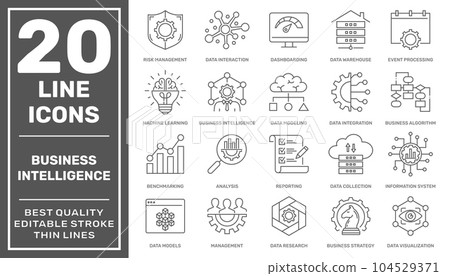 Set of icons related to business Intelligence and business management, such as machine learning, data modeling, development, visualization, risk management, and more. Editable stroke 104529371