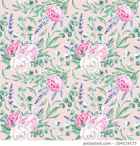 Seamless watercolor pattern with white and pink peonies, eucalyptus and lavender branches on pink background. Can be used for wedding prints, gift wrapping paper, kitchen textile and fabric prints. Seamless watercolor pattern with white and pink peonies, eucalyptus and lavender branches on pink background. Can be used for wedding prints, gift wrapping paper, kitchen textile and fabric prints. 104529573