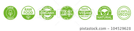 Natural, organic, bio product icon set. Gmo free. Healthy vegan food label. Beauty product. Farm fresh, locally grown badges. Premium quality. Eco friendly tag. Sustainable life. Vector illustration 104529628