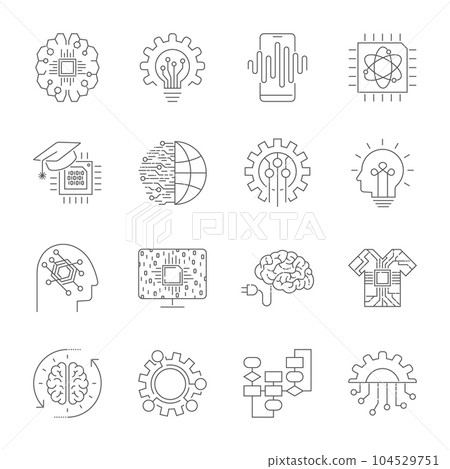Modern flat editable vector line icons of future technology - neural network, AI, quantum technologies for graphic and web design. Modern flat editable vector line icons of future technology - neural network, AI, quantum technologies for graphic and web design. 104529751