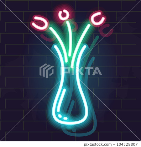 Neon flowers in vase. Isolated silhouette on brick wall background. 104529807