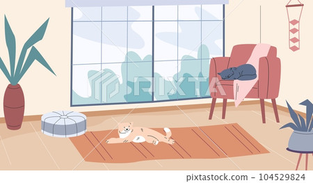 Cats relaxing in room. Living zone interior, relax area with furniture and kittens. Home decoration, inside apartment vector scene 104529824