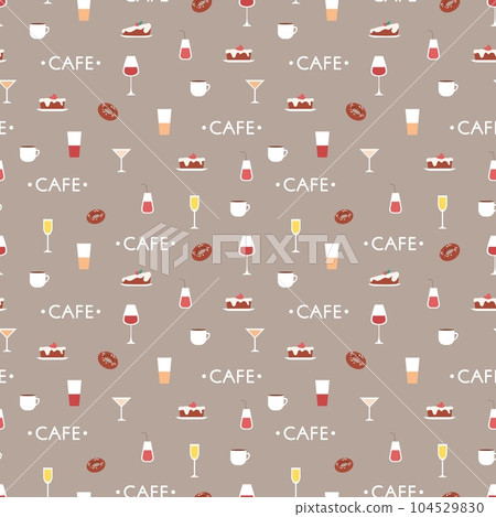 Dessert, coffee and glasses, cafe seamless pattern design. Sweet cake and drinks, fabric or textile print for kitchen, home decor vector texture Dessert, coffee and glasses, cafe seamless pattern design. Sweet cake and drinks, fabric or textile print for kitchen, home decor vector texture 104529830