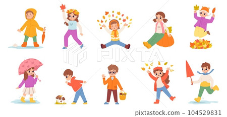 Autumn children gathering leaves, walking and play. Rainy weather season child with umbrella. Fall happiness, cartoon kids snugly vector characters Autumn children gathering leaves, walking and play. Rainy weather season child with umbrella. Fall happiness, cartoon kids snugly vector characters 104529831