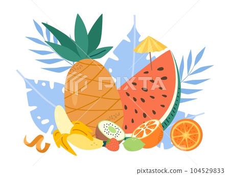Tropical fruits composition. Summer juicy fruit concept, cartoon pineapple and watermelon, citrus and banana. Exotic fresh food vector elements 104529833