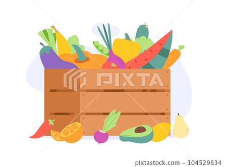 Fresh fruits and vegetables wooden box. Harvest time, healthy vegan food. Market or agriculture cartoon vector concept, avocado, pumpkin and greenery Fresh fruits and vegetables wooden box. Harvest time, healthy vegan food. Market or agriculture cartoon vector concept, avocado, pumpkin and greenery 104529834