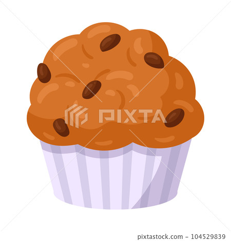 Cartoon cupcake. Sweet pastry muffin, delicious vanilla dessert with chocolate chip flat vector illustration Cartoon cupcake. Sweet pastry muffin, delicious vanilla dessert with chocolate chip flat vector illustration 104529839
