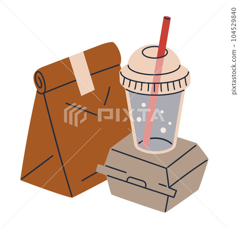 Cartoon fast food. Disposable paper bag, box and plastic cup, take away food and drink flat vector illustration 104529840