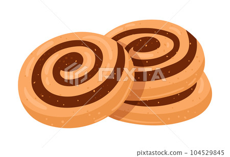 Chocolate pinwheel cookies. Cartoon homemade tasty cookies with chocolate filling flat vector illustration. Classic chocolate and vanilla pinwheel cookies 104529845