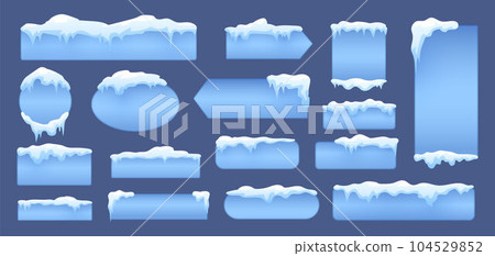 Snow caps banners, snowy icicle cap decorations. Winter banner with ice, decorative frozen graphic elements. Snugly christmas vector design Snow caps banners, snowy icicle cap decorations. Winter banner with ice, decorative frozen graphic elements. Snugly christmas vector design 104529852