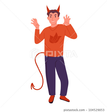 Halloween party devil costume. Man wearing funny devil masquerade costume. Halloween holiday party celebration flat vector illustration Halloween party devil costume. Man wearing funny devil masquerade costume. Halloween holiday party celebration flat vector illustration 104529853