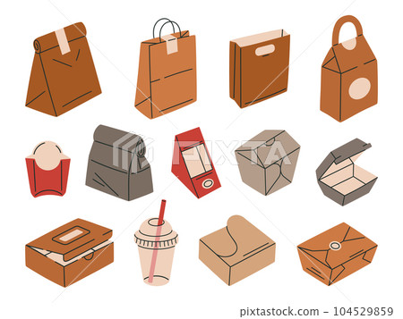 Takeaway food packaging. Paper or cardboard food delivery containers, carton bags and boxes flat vector illustration set. Empty paper fast food wrappers Takeaway food packaging. Paper or cardboard food delivery containers, carton bags and boxes flat vector illustration set. Empty paper fast food wrappers 104529859